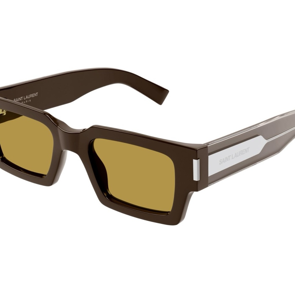Saint Laurent 572 Chocolate Brown Rectangular Sunglasses with Amber Lenses